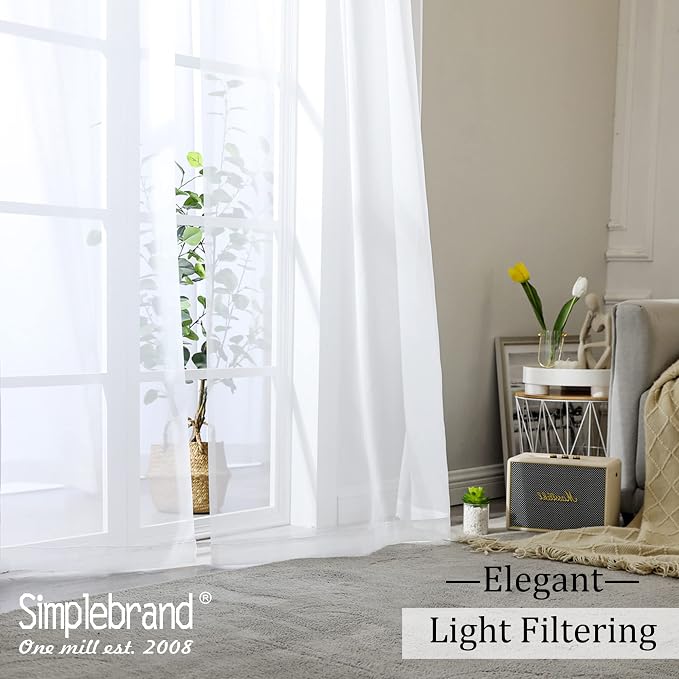 Simplebrand Sheer White Curtains 120 Inches Long, Extra Long Rod Pocket Solid Color Window Sheer Curtain Panels, Elegant Curtains & Drapes for Living Room, Bedroom 2 Panels (White, 2x42x120'')
