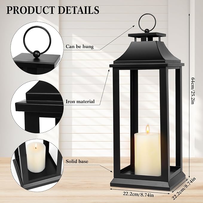 Modern Farmhouse Black Lantern Candle Holder – 22” Hanging Decorative Lantern for Indoor & Outdoor Home Décor – Ideal for Parties, Weddings, Porches, and Events (No Glass Panel), Size Large