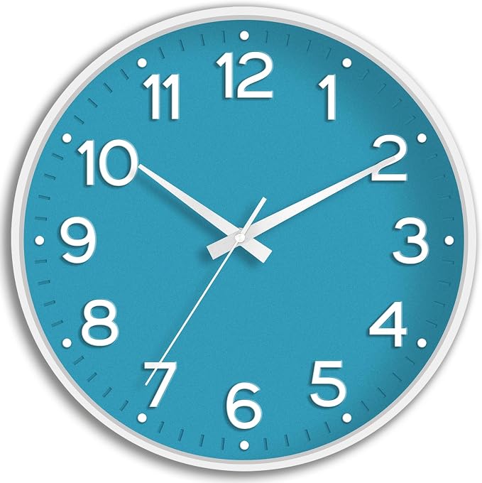 Roymnie 10 Inch Wall Clock Battery Operated Silent Non Ticking Analog | Blue modern analog; large 3D easy-read dial for kitchen, office, bathroom & bedroom; 1 AA battery (not included)