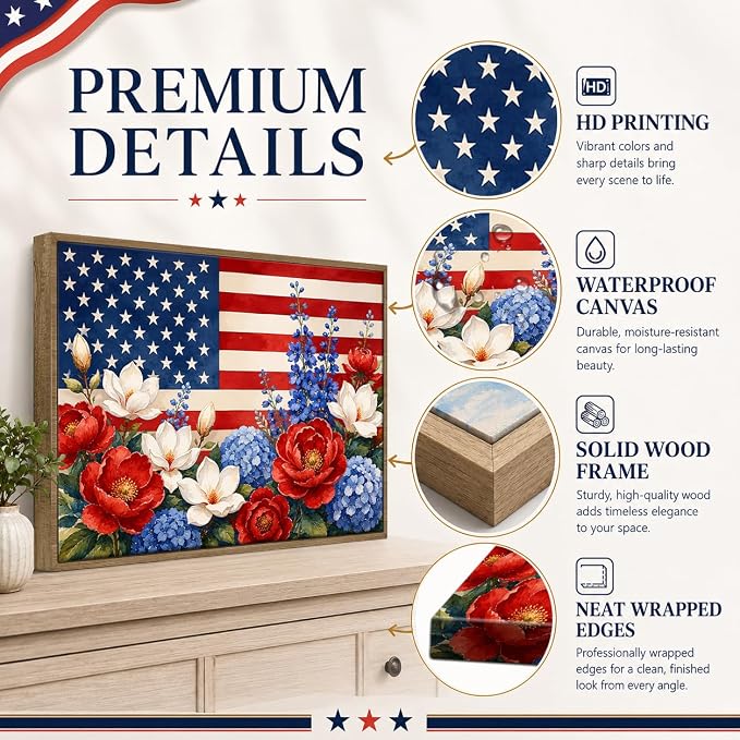 American Flag Framed Canvas Wall Art, 4th of July Floral Canvas Prints | Wildflower Landscape Poster Print, Vintage Rustic Independence Day Wall Decor for Bedroom Living Room Office 8×10in