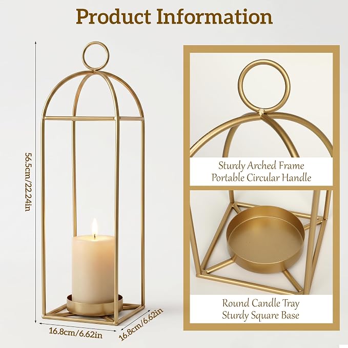 22.2" Outdoor Decorative Lanterns, Metal Candle Lanterns, Farmhouse Lantern Decor, Antique Gold Iron Lantern Candle Holders for Fireplace Mantel, Table Centerpiece,Home Decor