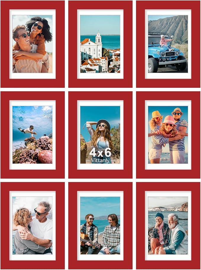 Vittanly 4x6 Picture Frames Set of 9 for Wall or Tabletop Display, Red | Display Pictures 3.5x5 with Mat or 4x6 without Mat, Small Photo Frames, Engineered Wood with Shatter Resistant Plexiglass