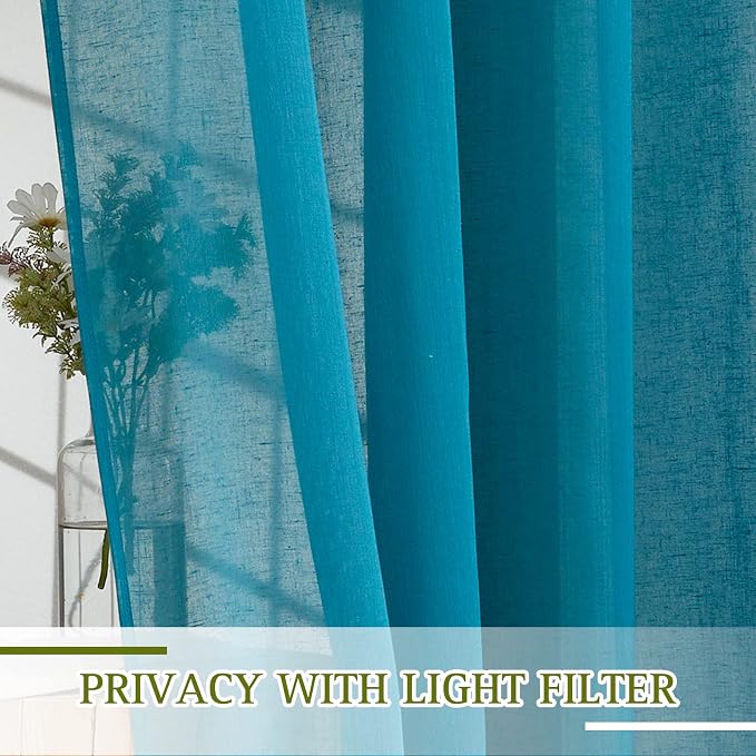 NICETOWN Linen Sheer Bedroom Curtains 72 inch Long, Grommet Top Casual Flax Semi Sheer Window Drapes Privacy with Light Filtering for Living Room, W52 x L72, Peacock Green, Set of 2