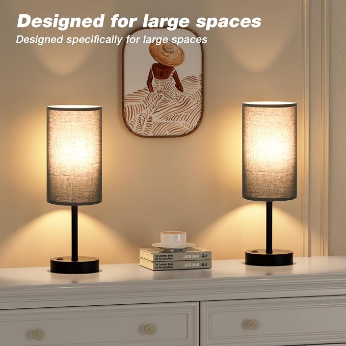 Fenmzee 17.4" Black Lamp for Bedroom - Dimmable Touch, USB A+C, AC Outlet