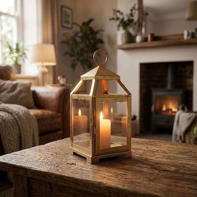 Hosley 12 Inch High Clear Glass and Iron Classic Style Lantern Ideal Gift for Festivities Parties Weddings Aromatherapy and Spa Settings-Gold