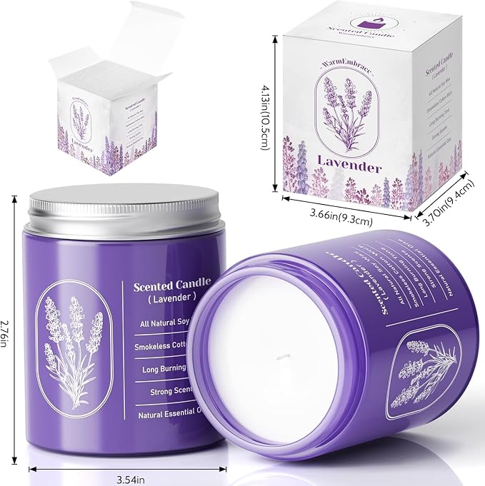 WarmEmbrace Lavender Scented Soy Candle for Women & Men, 7.6 Oz, 4 Packs | Highly Scented With Essential Oil & 40+ Hour Burn Time，Cotton Wick & Reusable Glass Jar For Home Or Gifting