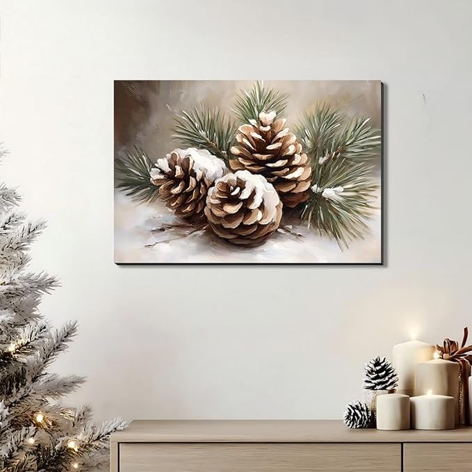 Framed Christmas Wall Decor for Living Room 12x18inch, Vintage Pinecone Still Life Canvas Print, Rustic Winter Snow Scene Pictures Artwork, Farmhouse Season Wall Art for Home Decor