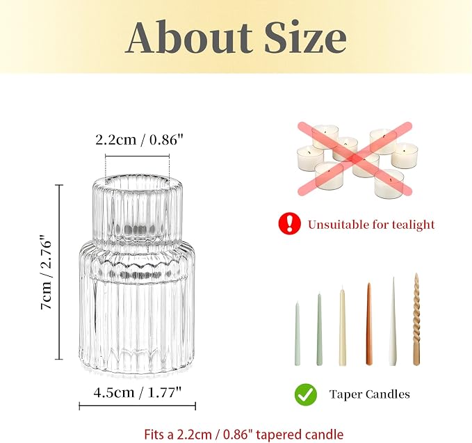 Hewory Taper Candle Holders Bulk, 20PCS Clear Glass Candlestick Holders | For 0.86" Taper Candles, Ribbed Candle Sticks Holder Decor, Wedding Table Centerpiece Bridal Showers Christmas Home Decor