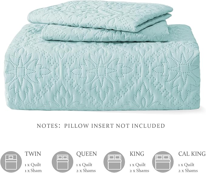 Exclusivo Mezcla King Quilt Set, Aqua Blue | Lightweight Soft Bedspreads Coverlets, All Season Bedding with 2 Pillow Shams, Modern Style for Bedroom Guest Room
