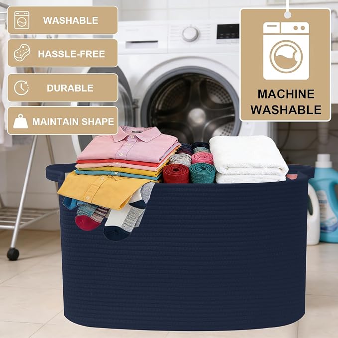 65L Large Laundry Basket with Handles,Woven Blanket Basket,Navy | 21"×16"×12" Collapsible Cotton Rope Storage Basket for Toys Clothes & Pillows, Nursery, Bathroom, Bedroom, Living Room