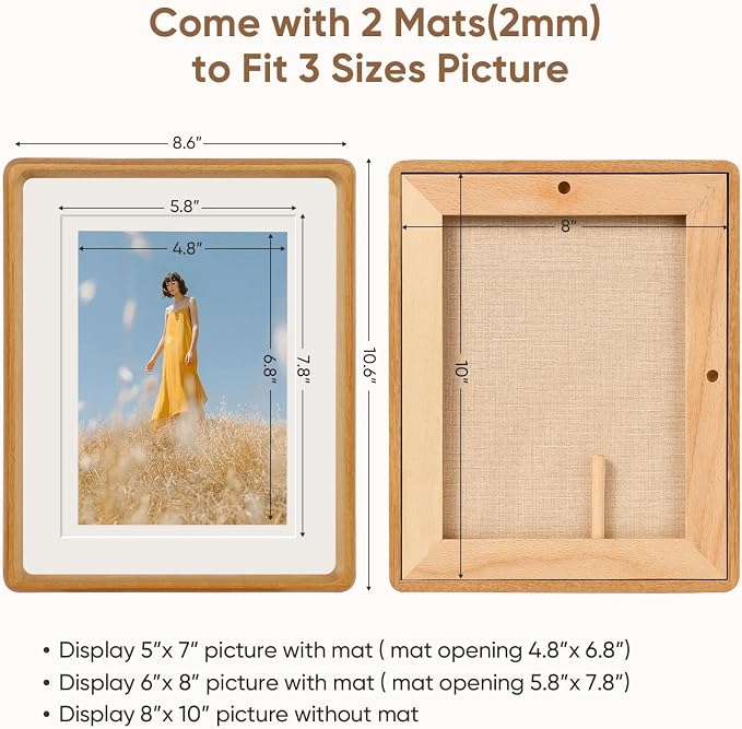 8x10 Picture Frame with 5x7/6x8 Mat - Solid Teak Wood Farmhouse Frame, Wall & Tabletop Display for Vintage Portraits & Gallery Décor (8x10,Teak)