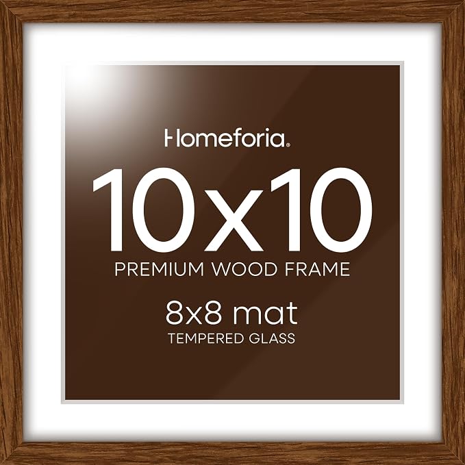 Homeforia 10x10 Brown Oak Picture Frame, High-End Wood, 8x8 Mat, Glass