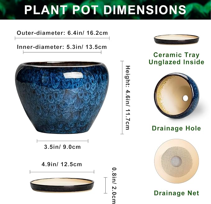6 Inch Plant Pot - Ceramic Pots for Plants with Drainage Hole and Saucer, Round Succulent Planter Indoor Outdoor, Modern Flower Pot for Snake Plants, Home Decor, Gifts for Plant Lover, Blue