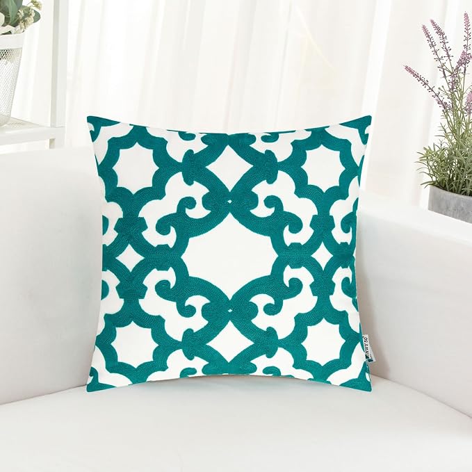 HWY 50 Teal Decorative Throw Pillow Covers 18x18 Inch (1 Piece), Embroidered Cotton Farmhouse Cushion Cover Pillow Case for Sofa Couch Living Room Bed, Geometric