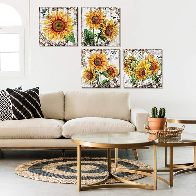 Sunflower Canvas Wall Art Prints Room Decor For Home Office Apartment Wall Decor 24x24 Inch Rustic Sunflower Bathroom Pictures Wall Decorations Inspirational Kitchen Country Artwork Poster 4 Pcs