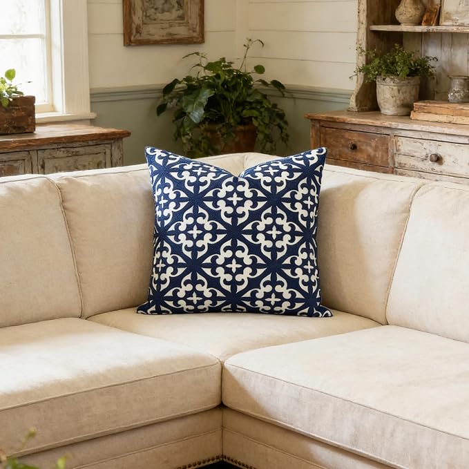 Slow Cow Canvas Embroidery Decorative Throw Pillow Cover Navy Blue Cushion Cover for Living Room 18 x18 Inches
