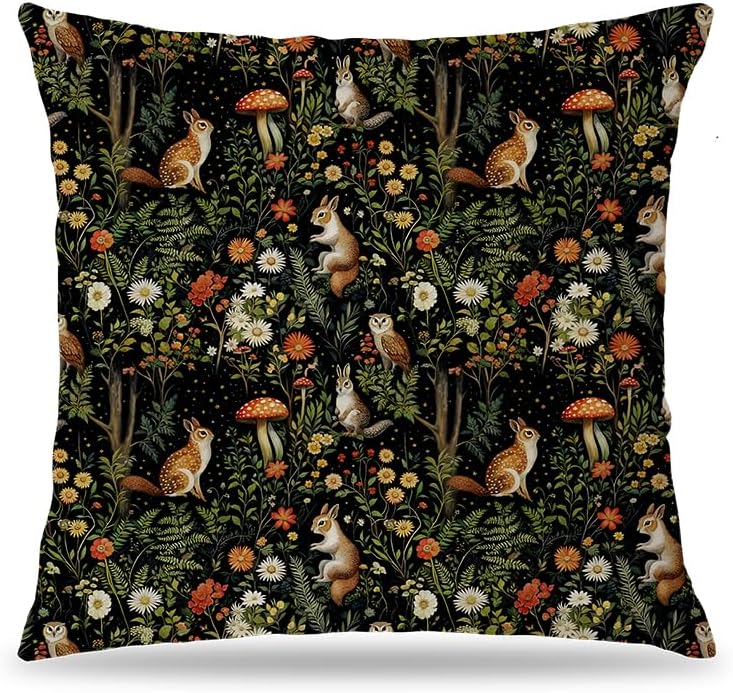 Dark Fairy Forest Pillow Cover 18x18 Double-Sided, Dark Cottagecore Decor, Whimsical Forest Floral Mushroom Bunny Owl Squirrel Decorative Throw Pillow Cover for Home Bedroom Living Room