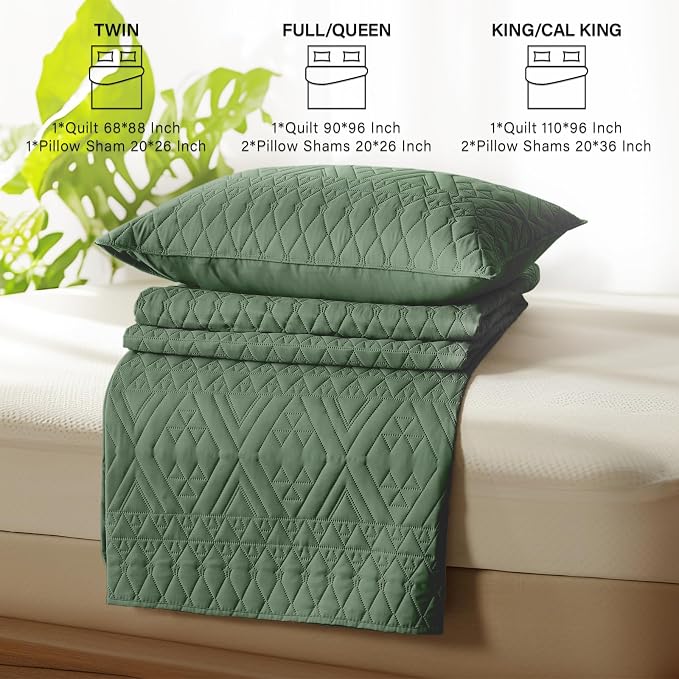 akkialla Twin Size Quilt Bedding Set,Green Lightweight Microfiber Soft Bedspreads,Modern Style Geoetric Pattern Coverlet Set for All Seasons,2 Piece(1 Quilt,1Pillow Sham)