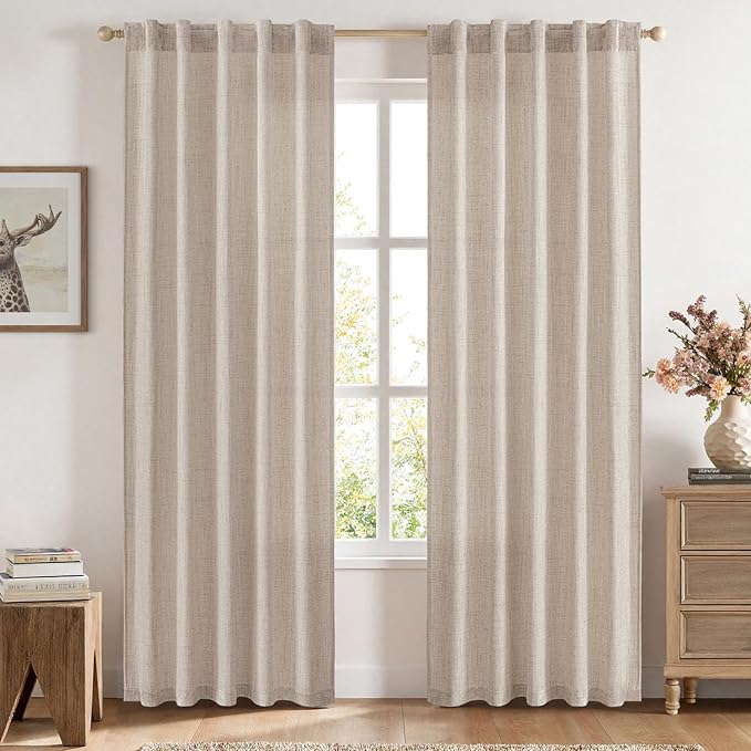 MIULEE Faux Linen Curtains 80 Inch Length 2 Panels Natural Semi Sheer Curtain with Back Tab Rod Pocket, Light Filtering Window Privacy Burlap Drapes for Living Room Bedroom 42W x 80L Linen