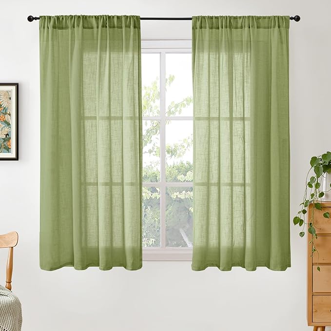 BGment Green Linen Curtains 45 Inch Length - 2 Panels Set Sheer Drapes Rod Pocket for Living Room Bedroom Lightweight, 2 Panels Set, 42 X 45 Inch