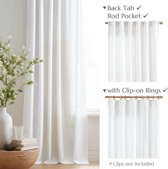 jinchan Linen Curtains Light Filtering Back Tab 50x84 Inch 2 Panels White | Semi Sheer Curtains 84 inch length for Bedroom Living Room, Modern Farmhouse Drapes with Rod Pocket, Natural Boho Curtains