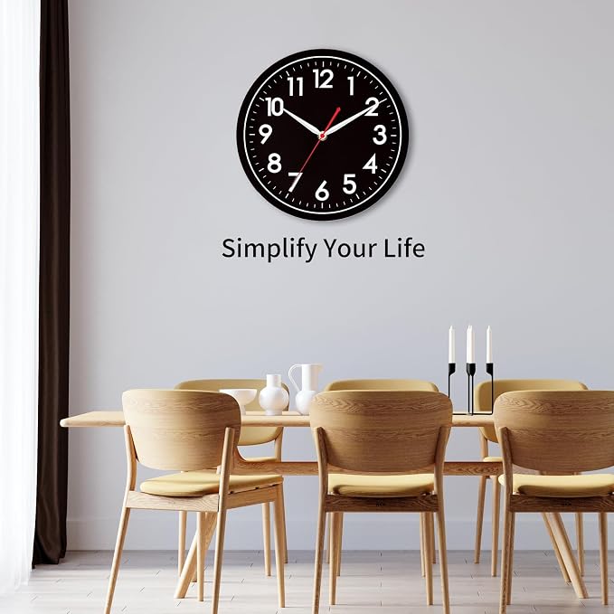 AKCISOT 10 Inch Wall Clock, Silent Battery Operated Analog Clock, Black | Classroom | Kitchen | Office | Easy to Read Numbers | Garage