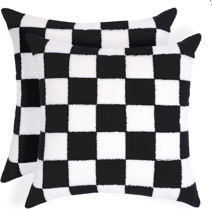 Alysheer Checkered Embroidered Throw Pillow Covers 18"x 18" 2pc Black White