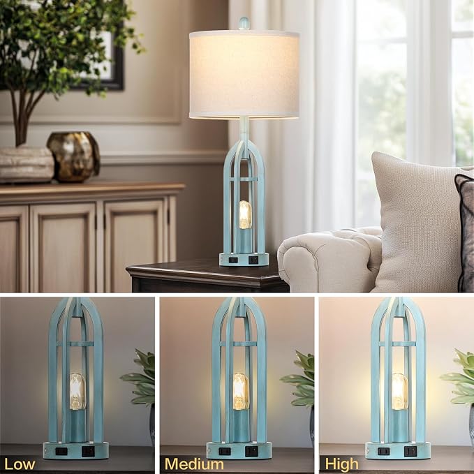 Cinyirong 27" Industrial Farmhouse Table Lamp,Vintage Rustic Blue Beside Lamp with USB A+C Charging Ports & AC Outlet, Metal Nightstand Lamp with LED Night Light for Bedrooms (2 LED Bulbs Included)