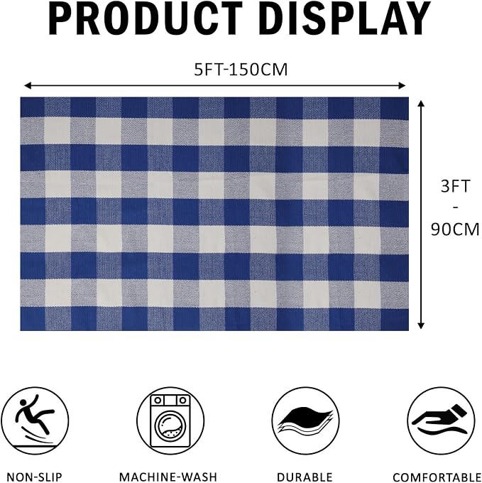 Buffalo Plaid Outdoor Rug 3x5 Ft Blue and White Checkered Area Rug Washable Doormats Indoor Outdoor Rugs for Layered Front Door Mats, Porch, Entryway, Kitchen, Farmhouse