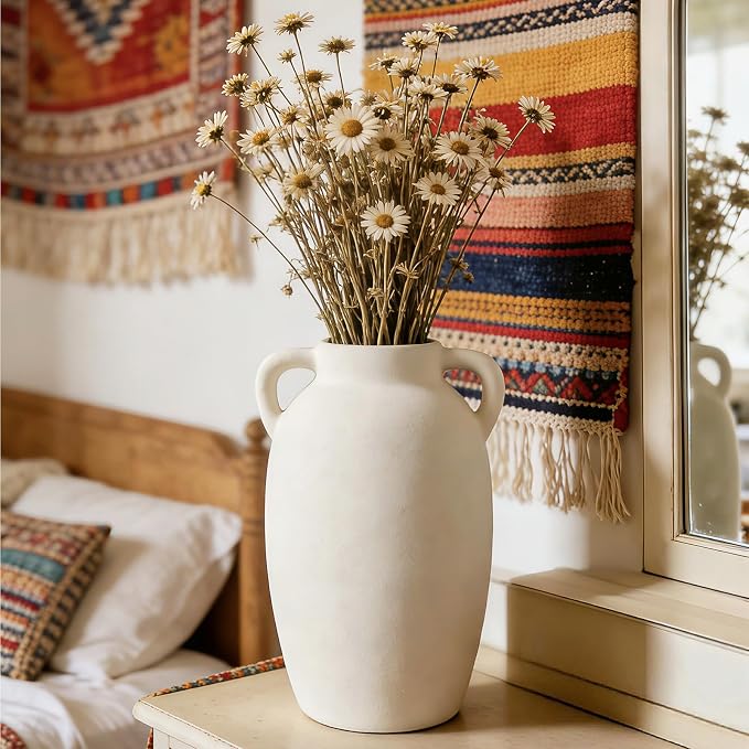 White Ceramic Vase-Boho Decorative Vase,Terracotta Tall Vases Decorative Pottery are Suitable for Decorating Living Rooms,Kitchens,and Bedrooms.