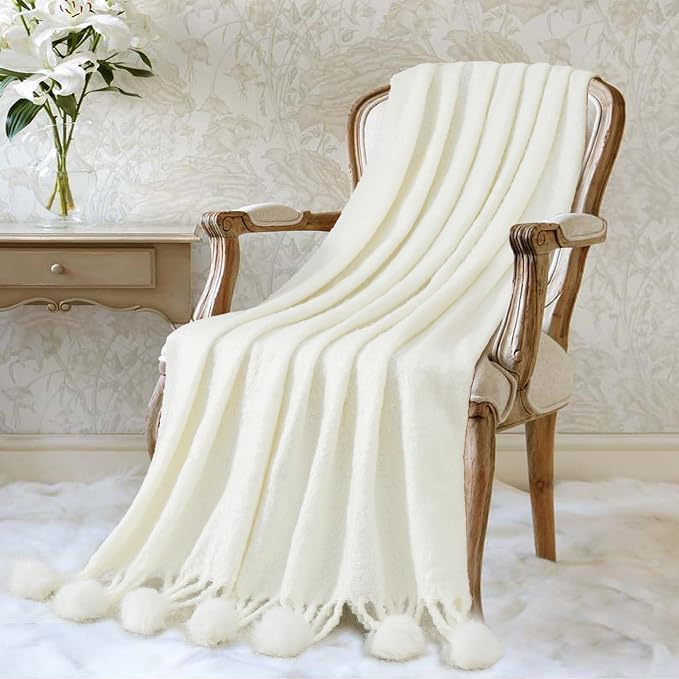 White Pom Pom Throw Blanket for Couch, 60"X80" Soft Lightweight Knitted Farmhouse Decorative Blankets for Bed and Sofa