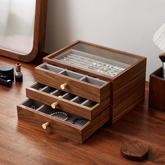 Black Walnut Jewelry Organizer, 3 Layer | Wooden Jewelry Box, For Women, For Necklaces Ring Earring