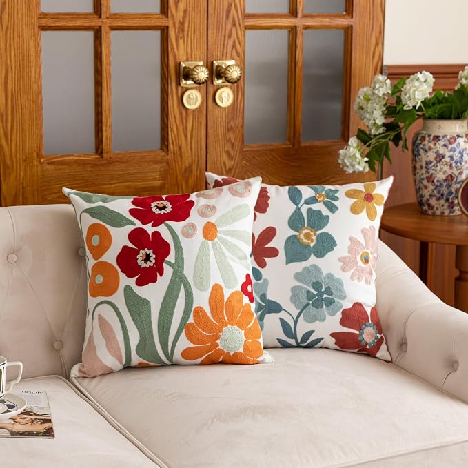 YIcabinet Pack of 2 Throw Pillow Covers,Embroidered Floral Pillow Case Soft Square Decorative Pillowcases for Home Sofa Couch 18x18 Inch