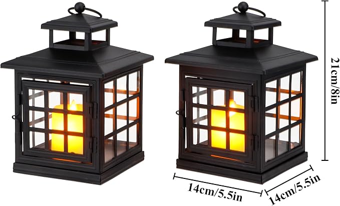 TRIROCKS Set of 2 Decorative Candle Lantern Metal Candle Holder Hanging Lantern Perfect for Home Decor Halloween Living Room Parties Events Tabletop Indoors Outdoors (Black)