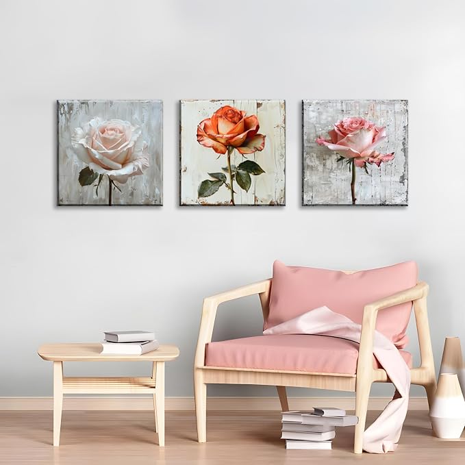 NAN Wind 3Pcs Rose with Distressed Wood Background Framed Canvas Art Vintage Floral Botanical Print Shabby Chic Flower Painting for Home Decor Ready to Hang Wall Art for Living Room Bedroom Kitchen