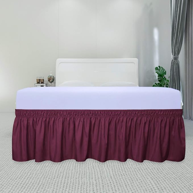 PureFit Wrap Around Ruffled Bed Skirt, Wine, Twin/Full - 22" Drop | Wrinkle Free Bedskirt Dust Ruffles, Easy to Put On Frame Cover with Adjustable Elastic Belt