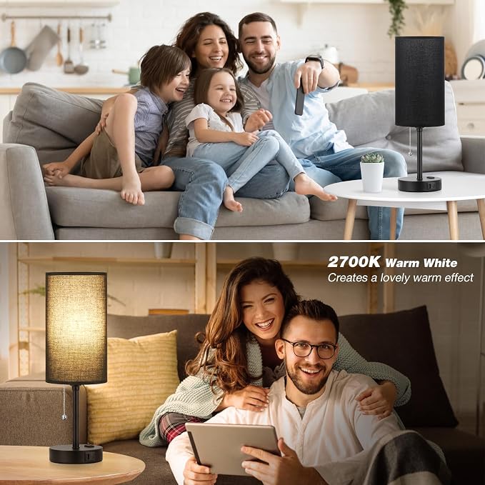 17in Bedside Table Lamp for Bedroom, Desk Lamp with USB Ports for Dorm