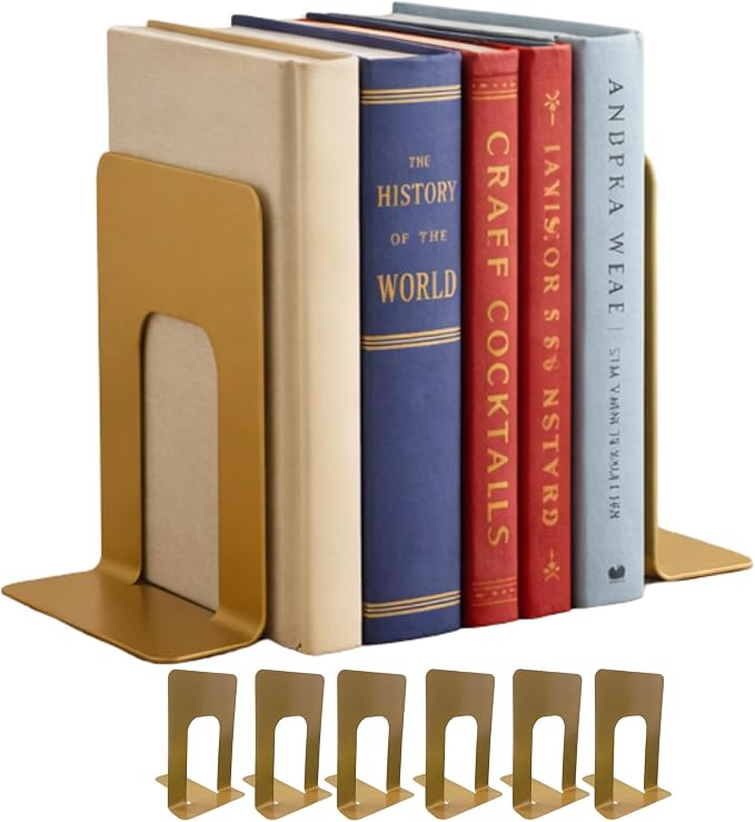 Alessk Dark Matte Gold Bookends for Shelves, Heavy Duty Metal Bookends Supports Heavy Books, Decorative Gold Stops for Home or Office Decoration - 3 Pairs (6 Pieces).