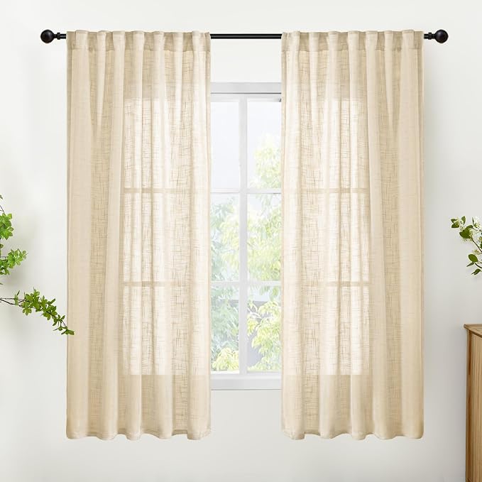 YoungsTex Natural Linen Semi Sheer Curtains 63 Inch Length, Light Filtering Drapes Textured with Rod Pocket Back Tab for Bedroom Living Room Window Lightweight, 2 Panels, 42 X 63 Inch