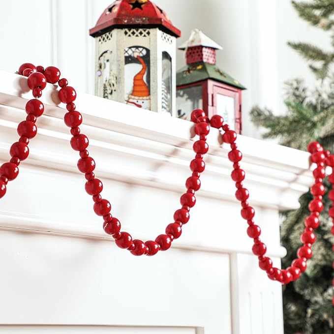 Yinder 2 Pcs/ 14.4 Feet Christmas Wooden Beads Garland, Dark Red