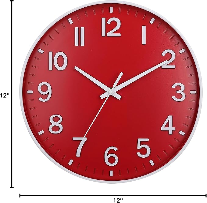 HZDHCLH 12 Inch Silent Wall Clock Battery Operated Non Ticking Red | 12 inch Silent Non Ticking Modern Christmas Wall Clock for Living Room Bedroom Kitchen Office Classroom Decor