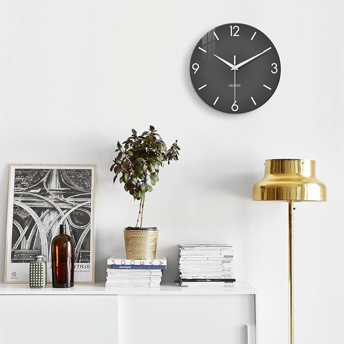 XFM Modern Grey Wall Clock 12 Inch Simple Minimalist | Battery Operated Gray Glass Quartz Clock Decorative for Bedroom Kitchen Living Room Home Office Silent Non Ticking