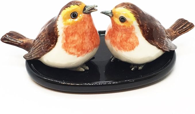 WitnyStore Tiny 3¼" Long Couple of Robin Bird Salt Pepper Shaker Figurines - Miniature Hand Made Ceramic Birds Aves Colorful Porcelain Feathered Animals Cute Decorative Collectible Figures Décor Gifts