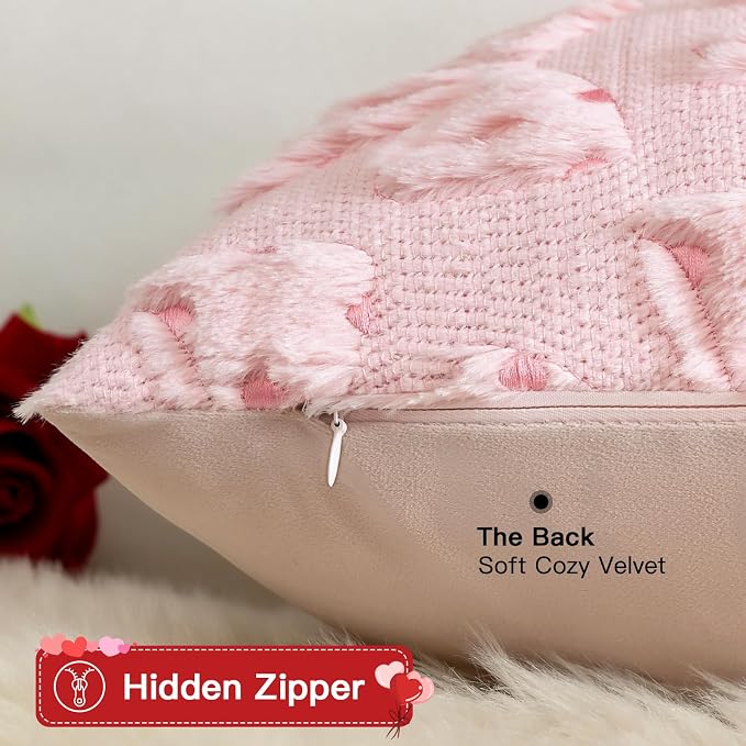 Artscope Valentines Bow Pillow Covers 16x16 Set of 2 Decorative Valentine's Day Throw Pillow Cases Soft Plush Faux Fur Couch Cushion Case for Holiday Sofa Bed Room Home Decor-Pink Bow