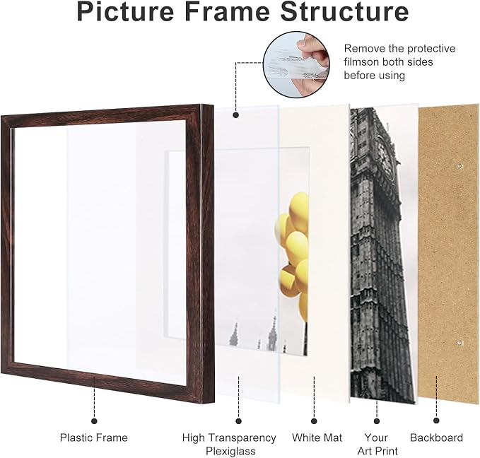 8x8 Picture Frame Set of 9, Display Pictures 4x4 with Mat or 8x8 without Mat, Multi Collage Gallery Square Photo Frames for Wall or Tabletop, Brown