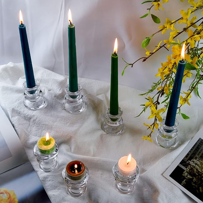 Clear Glass Taper Candle Holders Set of 6 | Candlestick for Wedding Decoration and Dinning