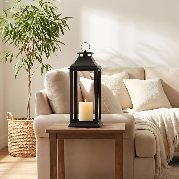 Modern Farmhouse Black Lantern Candle Holder – 18” Hanging Decorative Lantern for Indoor & Outdoor Home Décor – Ideal for Parties, Weddings, Porches, and Events (No Glass Panel), Size Medium