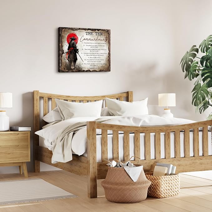 Wesluin 16"x20" Samurai Red Moon Canvas – Motivational Japanese Wall Art | Warrior gazes at blood moon, echoing “I Choose.” Unshaken resolve decor. Hook included, ready to hang.