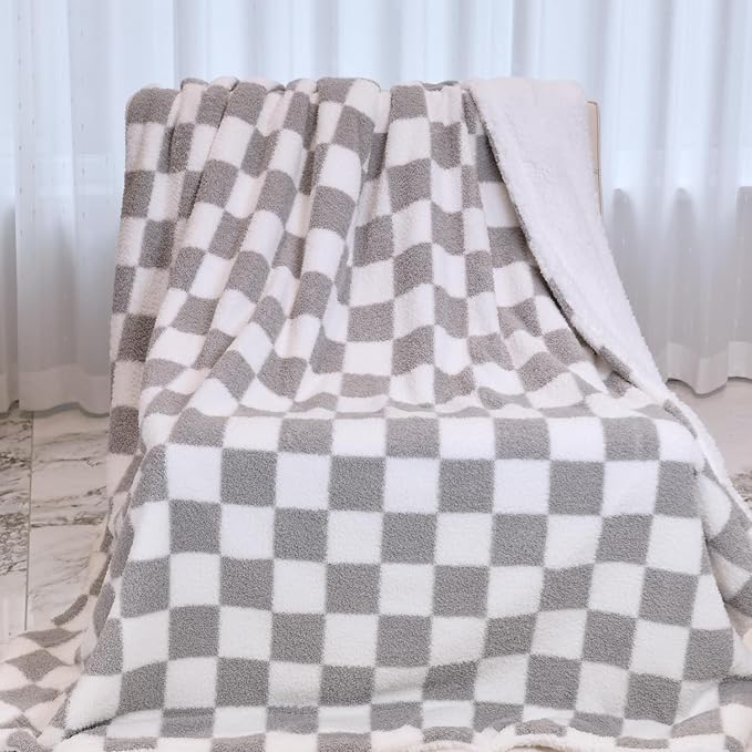 MERRYLIFE Checkered Plaid Sherpa Throw Blanket for Couch Bed Grey 60" 70" | Microfiber fabric, Decorative, Knitted, Checkerboard Grid Pattern, Ultra-Plush Soft, Fuzzy Cozy, Gift Choice, Machine Wash