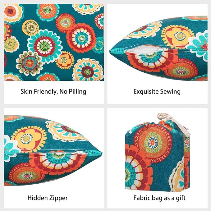Magpie Fabrics Pack of 2 Outdoor Waterproof Throw Pillow Covers 18 x 18 Inch, Christmas Decorative Cushion Sham Pillowcase Shell for Garden Patio Tent Balcony Couch Sofa(Floral Green)